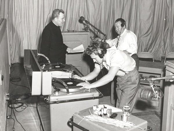 Father Peyton behind the scenes at Family Theater of the Air radio program.