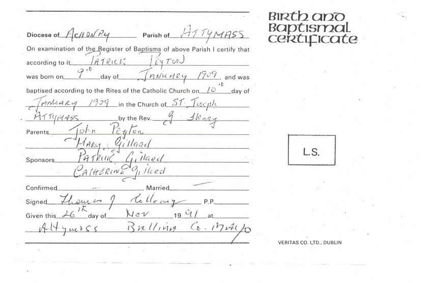 Father Peyton's birth and baptismal certificate.