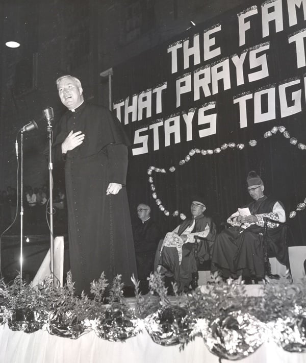 Father Peyton speaking at a 1958 Rosary Rally in St. Paul, MN.