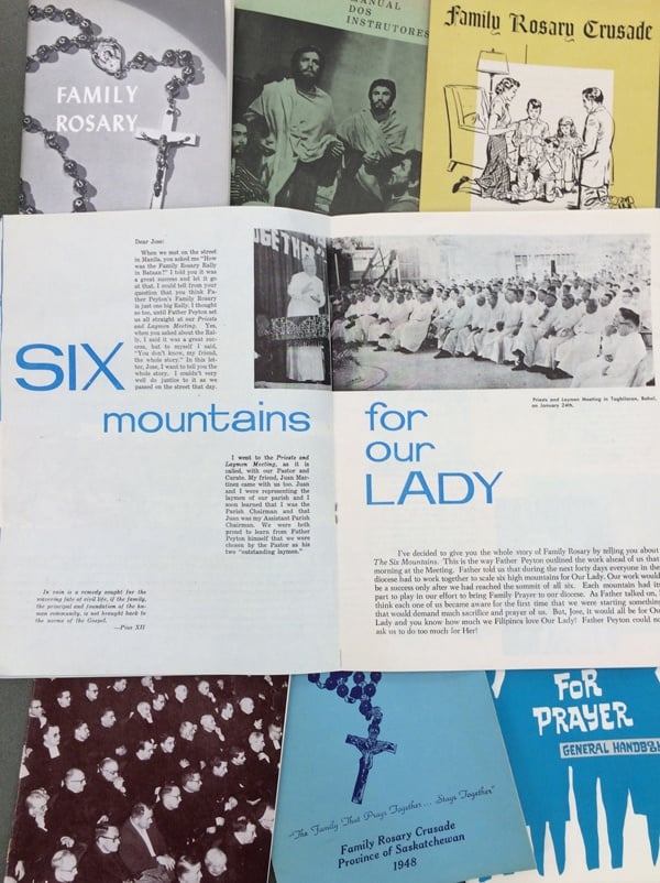 Samples of Six Mountains handbooks from various Rosary Rallies around the world.